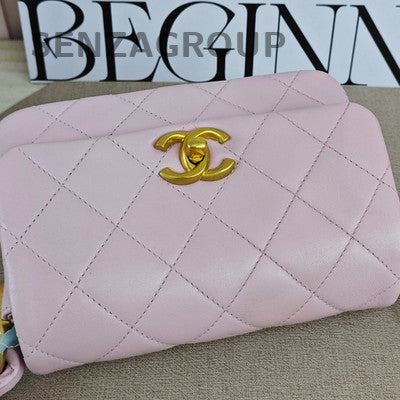 Chanel 24S Light Pink Gold Chain Hobo Shoulder Bag Quilted Pattern