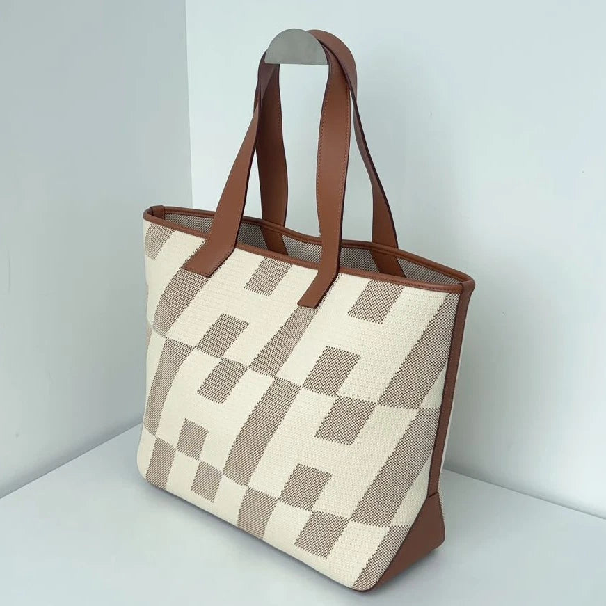 Excellent Hermes Cabas H En Biais Canvas Brown White Tote Handbag Shoulder Bag