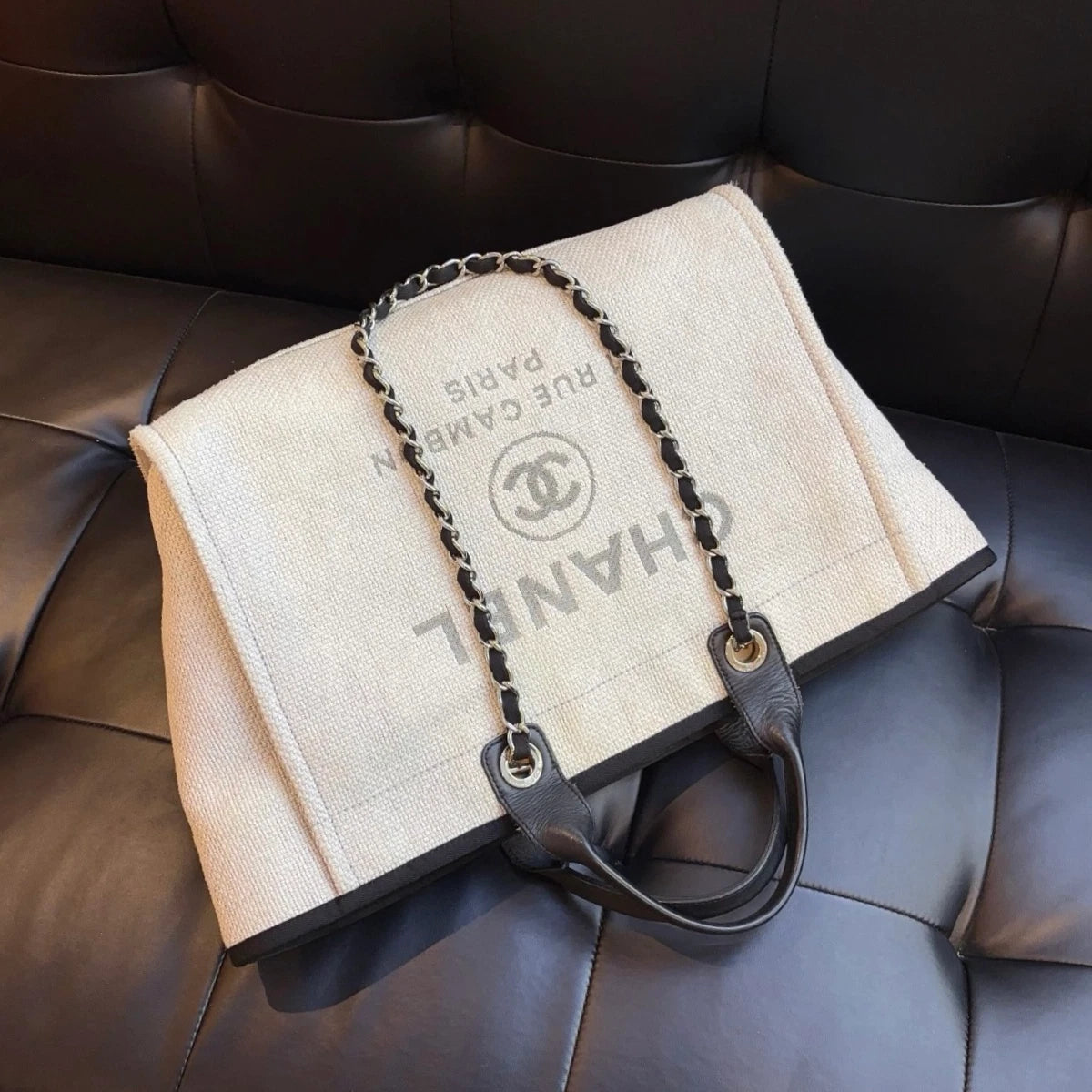 Chanel Beach Bag GM Chain Shoulder Bag Top Handle Bag Gray Used Women
