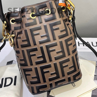 Fendi Tresor Mini Bucket Bag Brown Black Gold Hardware Women's Fashion Classic