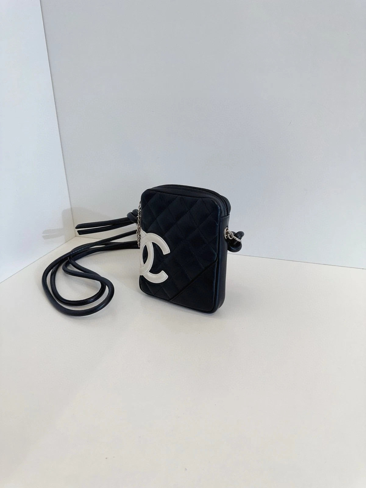 Chanel Mini Camera Case Bag Black White Panda Caviar Leather Quilted CC Logo