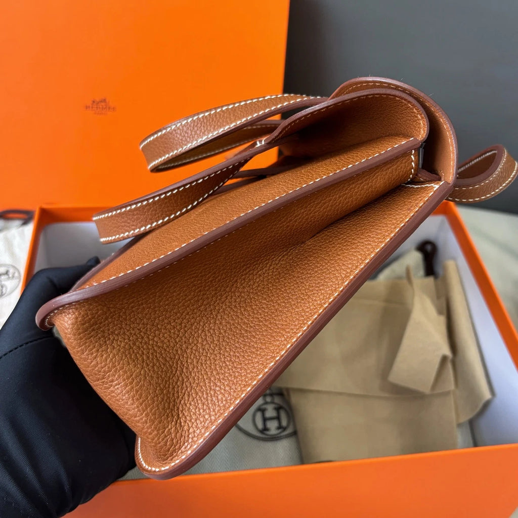 Excellent Hermes Halzan25 2Way Brown Gold Handbag Crossbody with Dust Bag Box