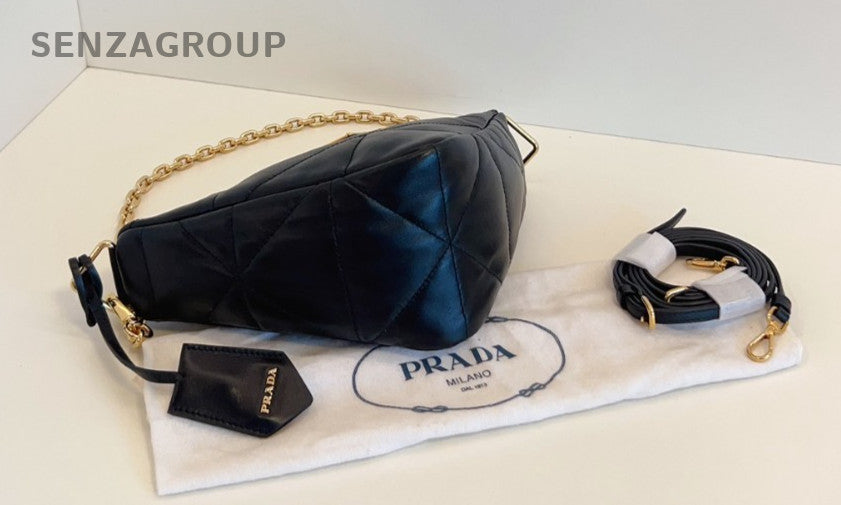 PRADA Puff Diamond pattern All Leather Chain 2way Shoulder Handbag Women black