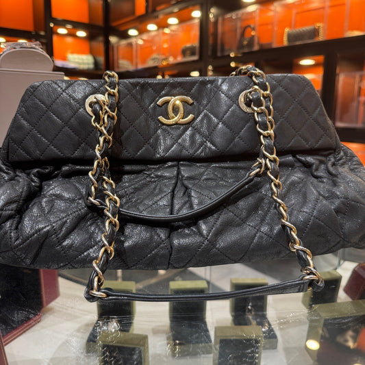 CHANEL Bowling Vintage Tote Calfskin Chain Shoulder bag Black Gold Women