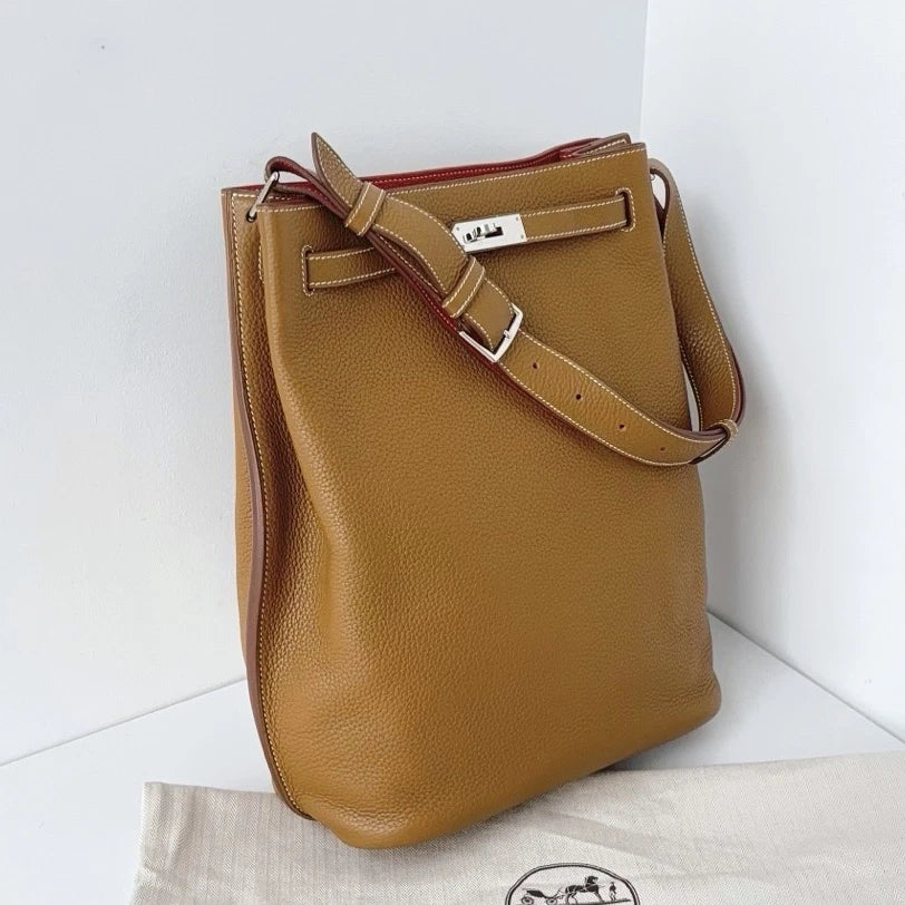 Excellent Hermes SoKelly26 Bucket Handbag Shoulder Bag Brown Silver Hardware