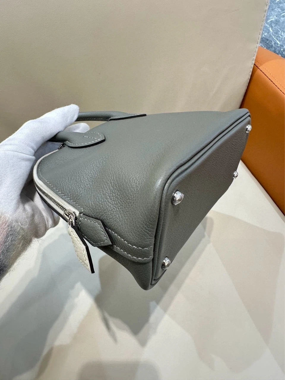 Hermes Mini Bolide Gray Leather Top Handle Bag For Women