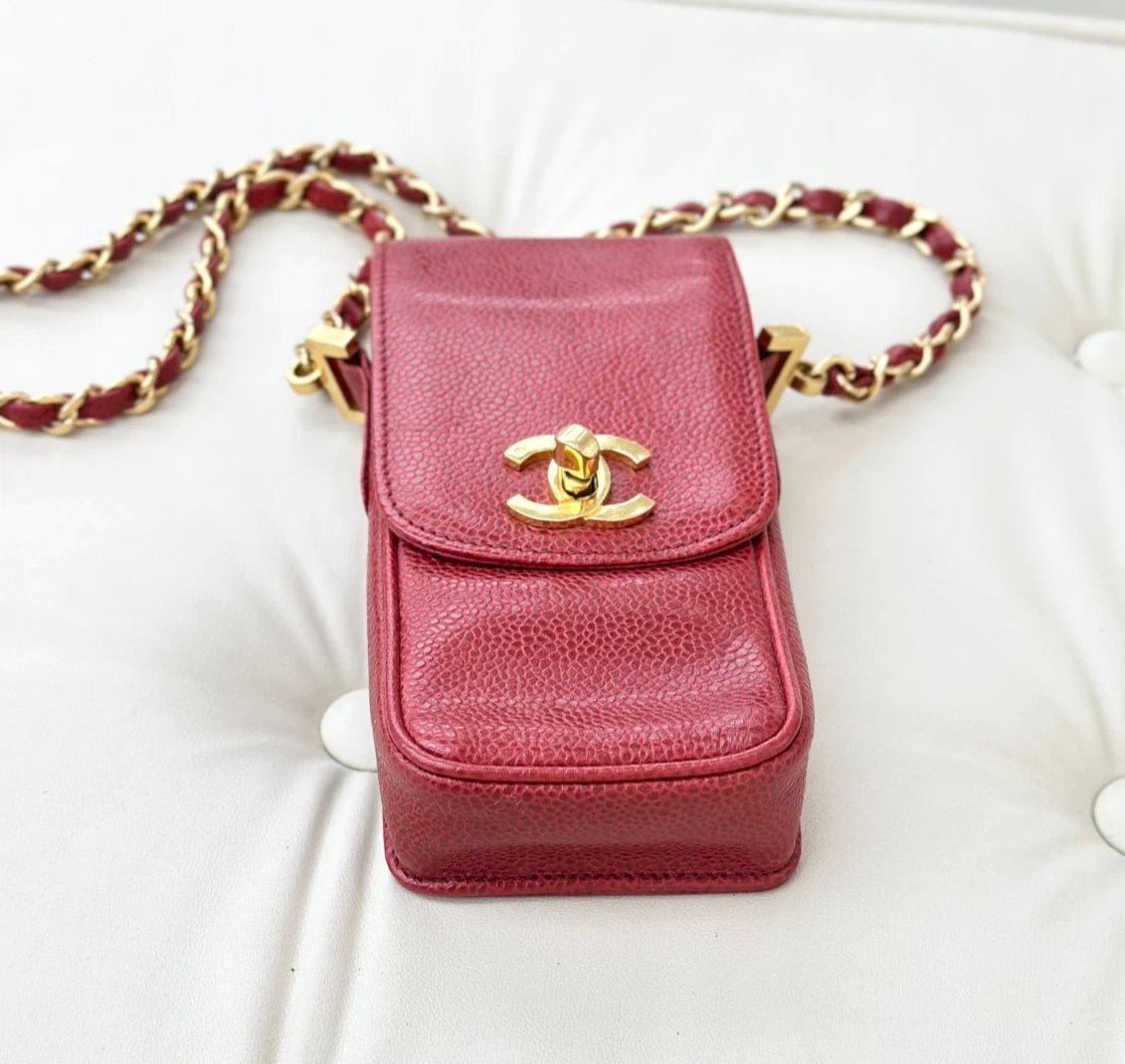 Chanel Vintage Calfskin Phone Bag Red Turn Lock Shoulder Bag Crossbody S