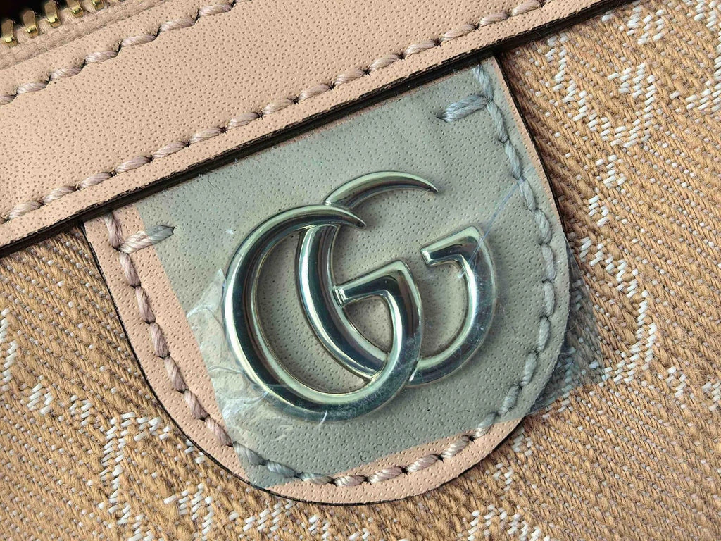 Excellent Gucci Boston Monogram Top Handle Crossbody Bag Beige Silver Hardware