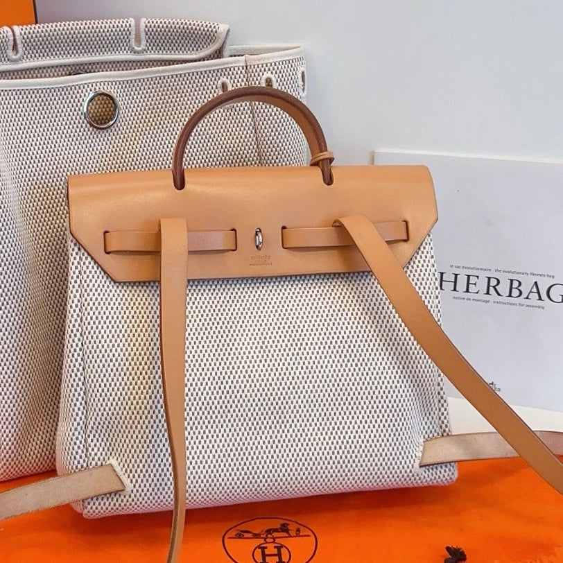 Hermes Herbag31 Backpack Canvas Ivory Brown Silver Hardware Women Classic
