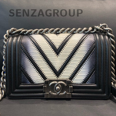 Chanel Le Boy Small V-Stitch Lizard Skin Black Silver Chain Shoulder Bag