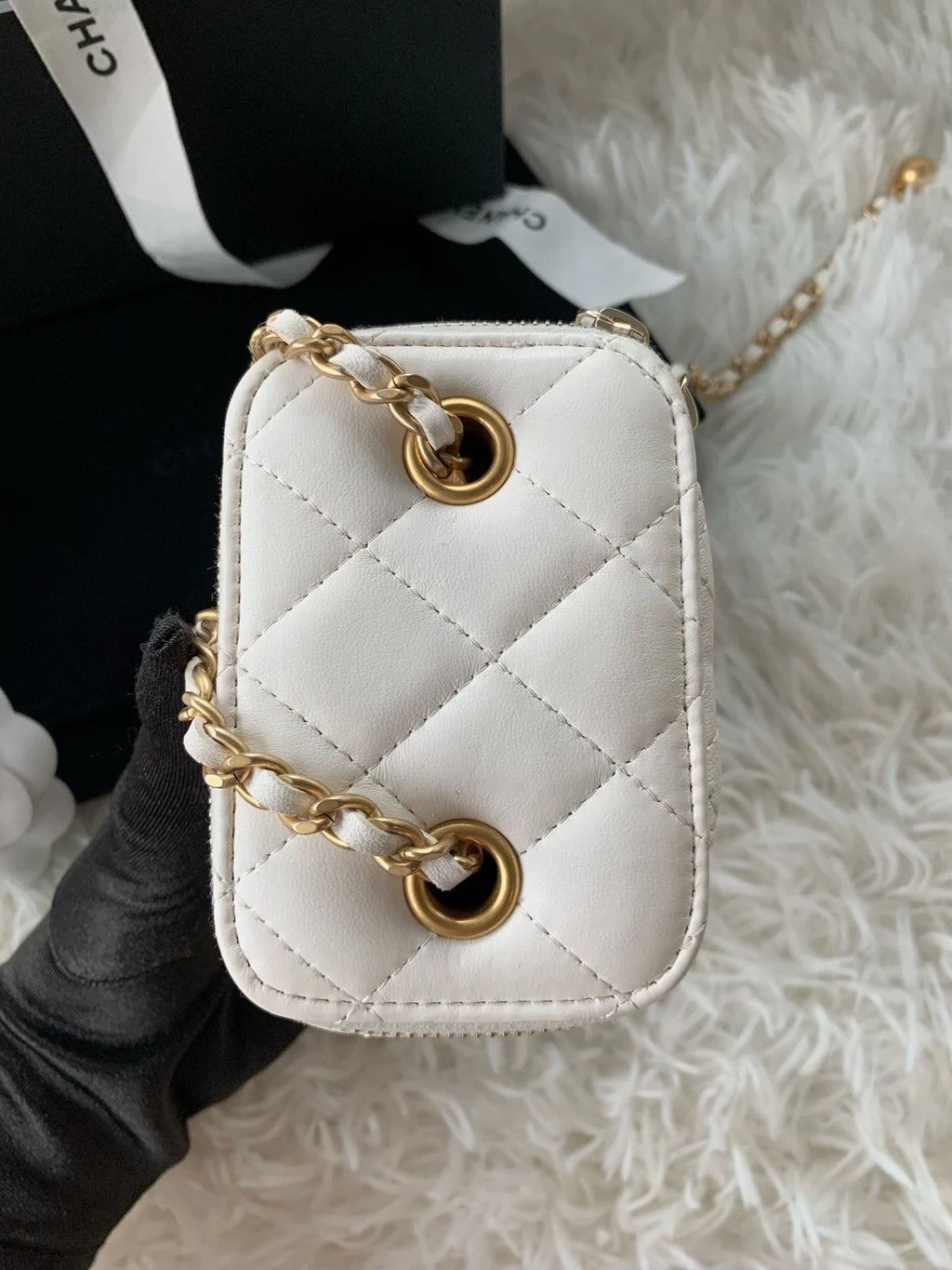 CHANEL White Lambskin Gold Ball Mini Box Crossbody Bag For Women