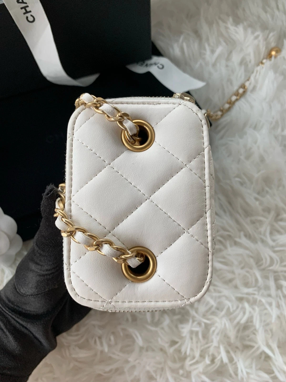CHANEL White Lambskin Gold Ball Mini Box Crossbody Bag For Women