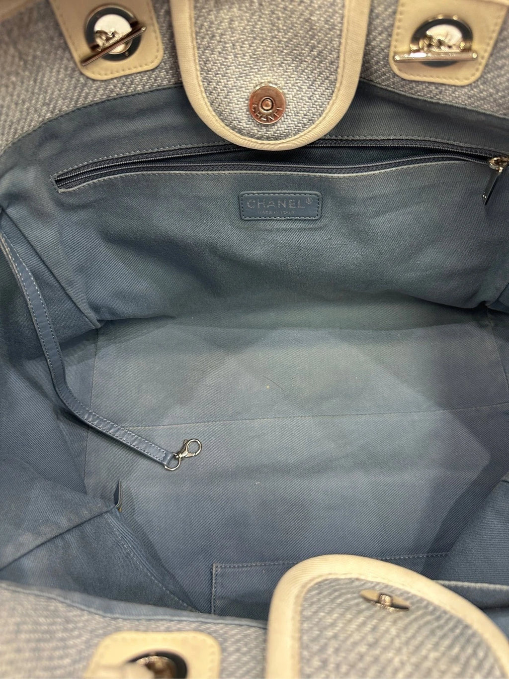 CHANEL Light Blue White Canvas Beach Tote Bag for Women