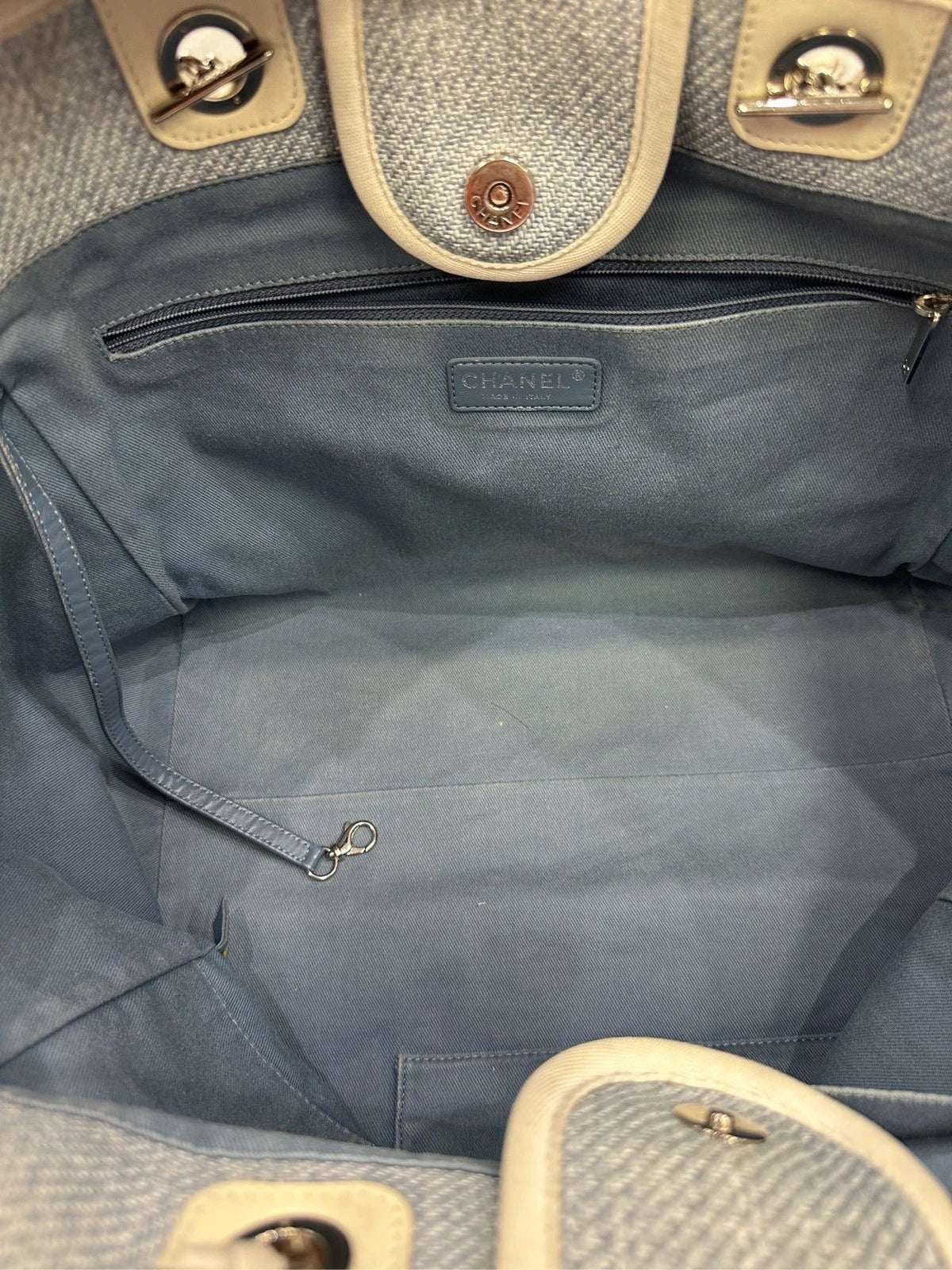 CHANEL Light Blue White Canvas Beach Tote Bag for Women