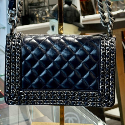 Chanel Le Boy Small Navy Blue Silver Hardware Quilted Chain Shoulder Bag