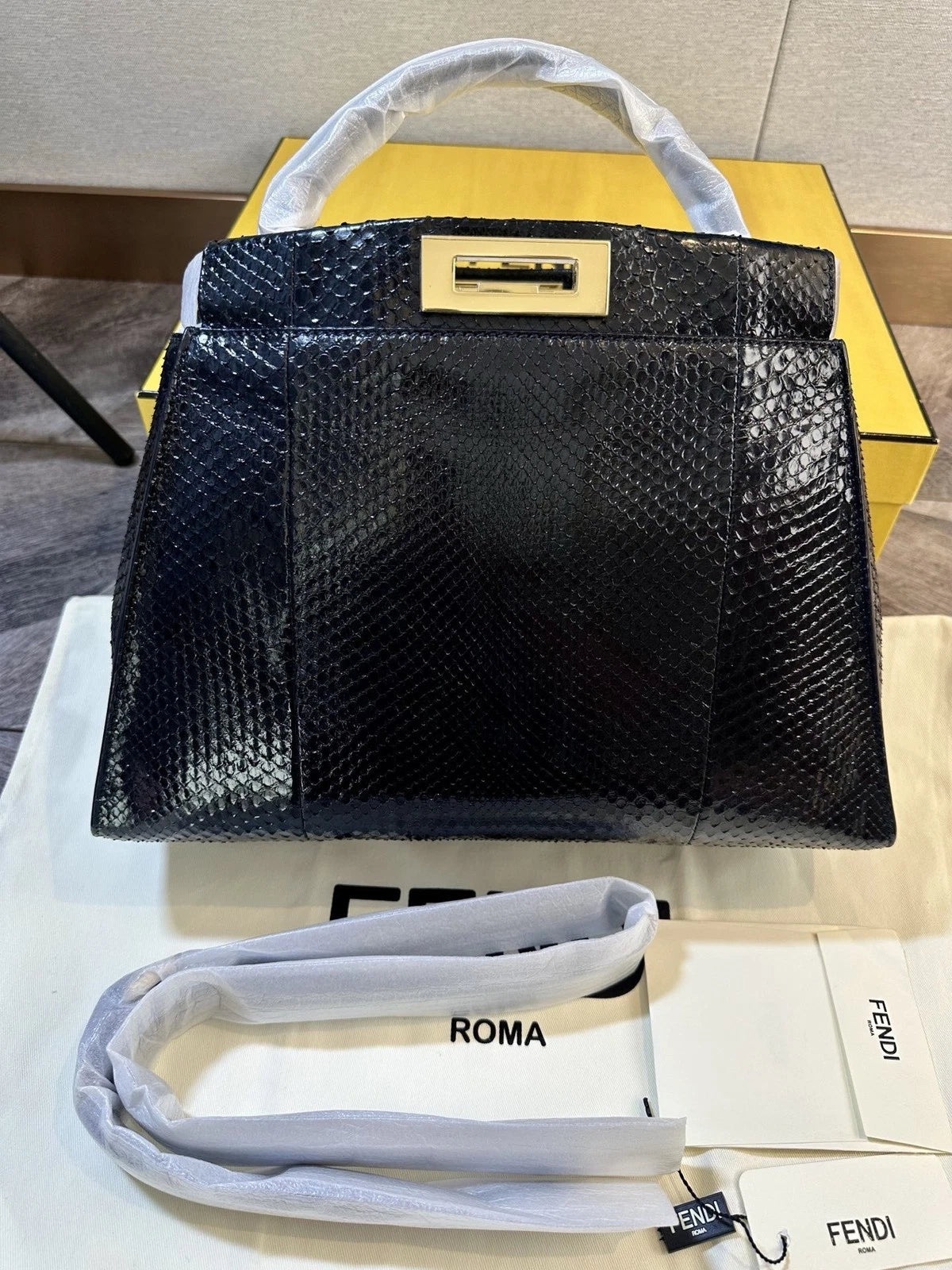 Fendi Peekaboo Medium Navy Snakeskin Shoulder Crossbody Women