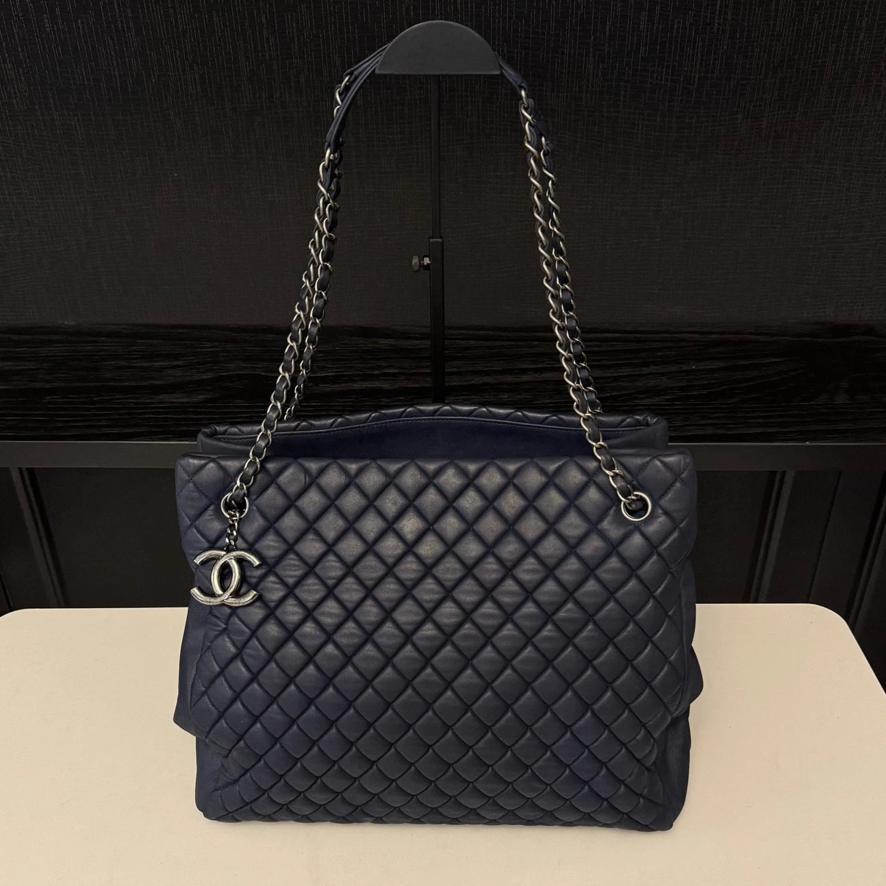 Chanel Bubble Quilt Tote Chain Shoulder Bag Blue Silver Women Diamond Classic