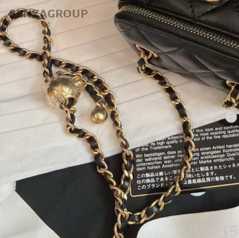 Chanel Box Chain Diamond Shoulder Bag Crossbody Black Gold Women Classic