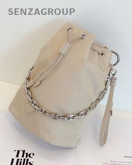 PRADA khaki color Silver Drawstring Bucket Shoulder bag Almost brand new