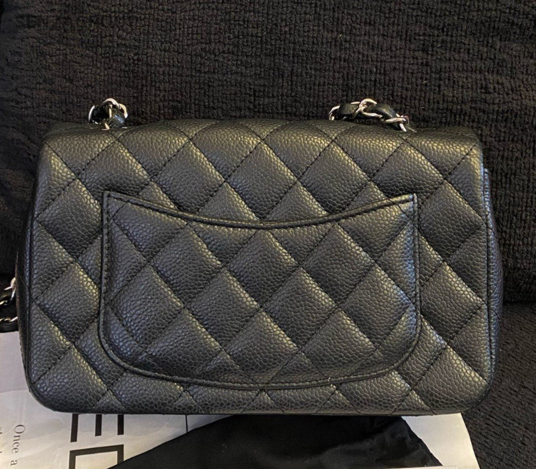 Chanel Classic Flap Mini Chain Shoulder Bag Black Silver Diamond Women Fashion