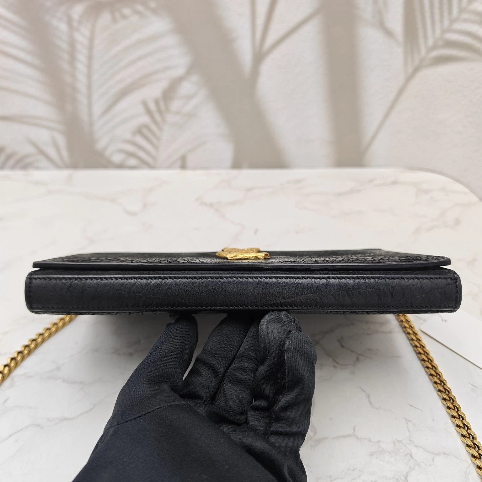 Saint Laurent Kate Black Croc-Embossed Suede Chain Shoulder Bag Women