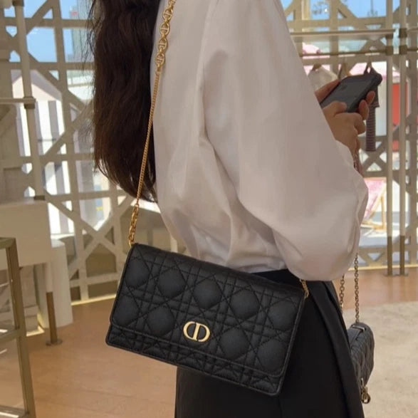 Excellent Christian Dior Caro Calfskin Long Black Wallet Chain Shoulder Bag GHW