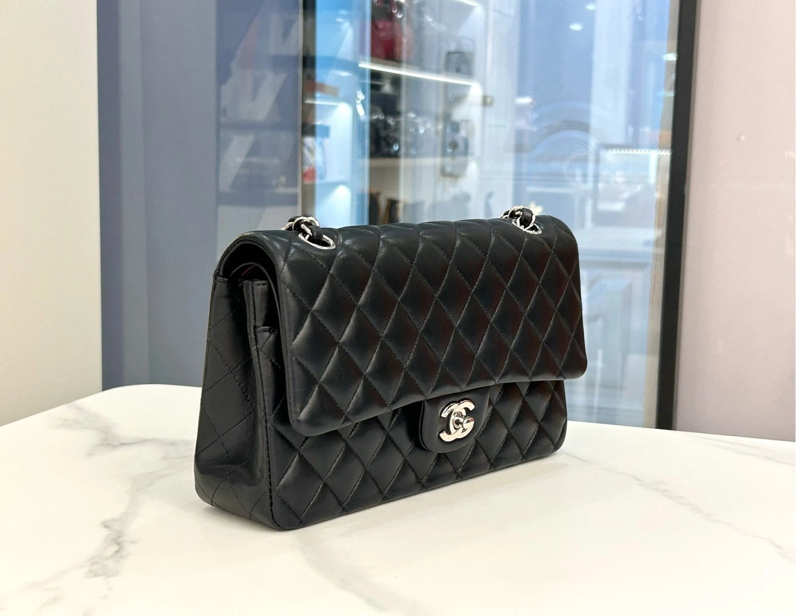 CHANEL CF Black Silver Medium Lambskin Shoulder Bag Women