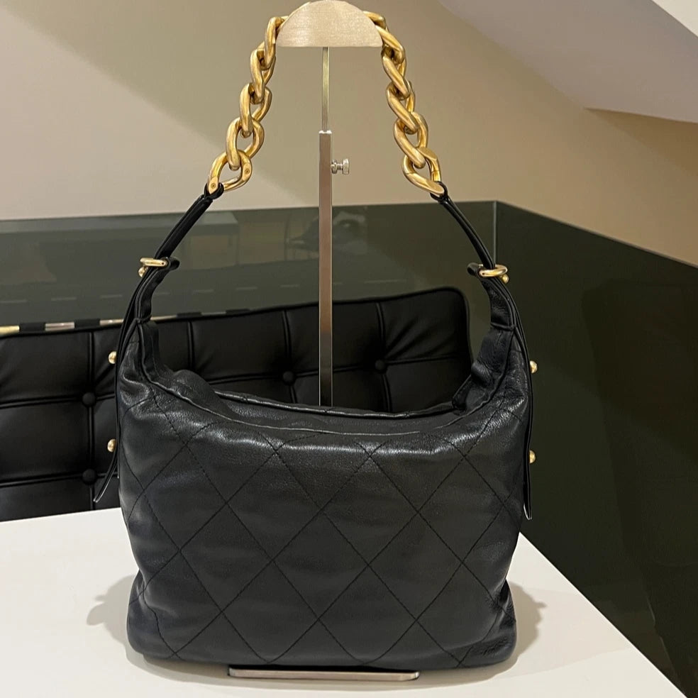 Chanel Black Gold Quilted Chain Hobo Shoulder Bag Classic Women