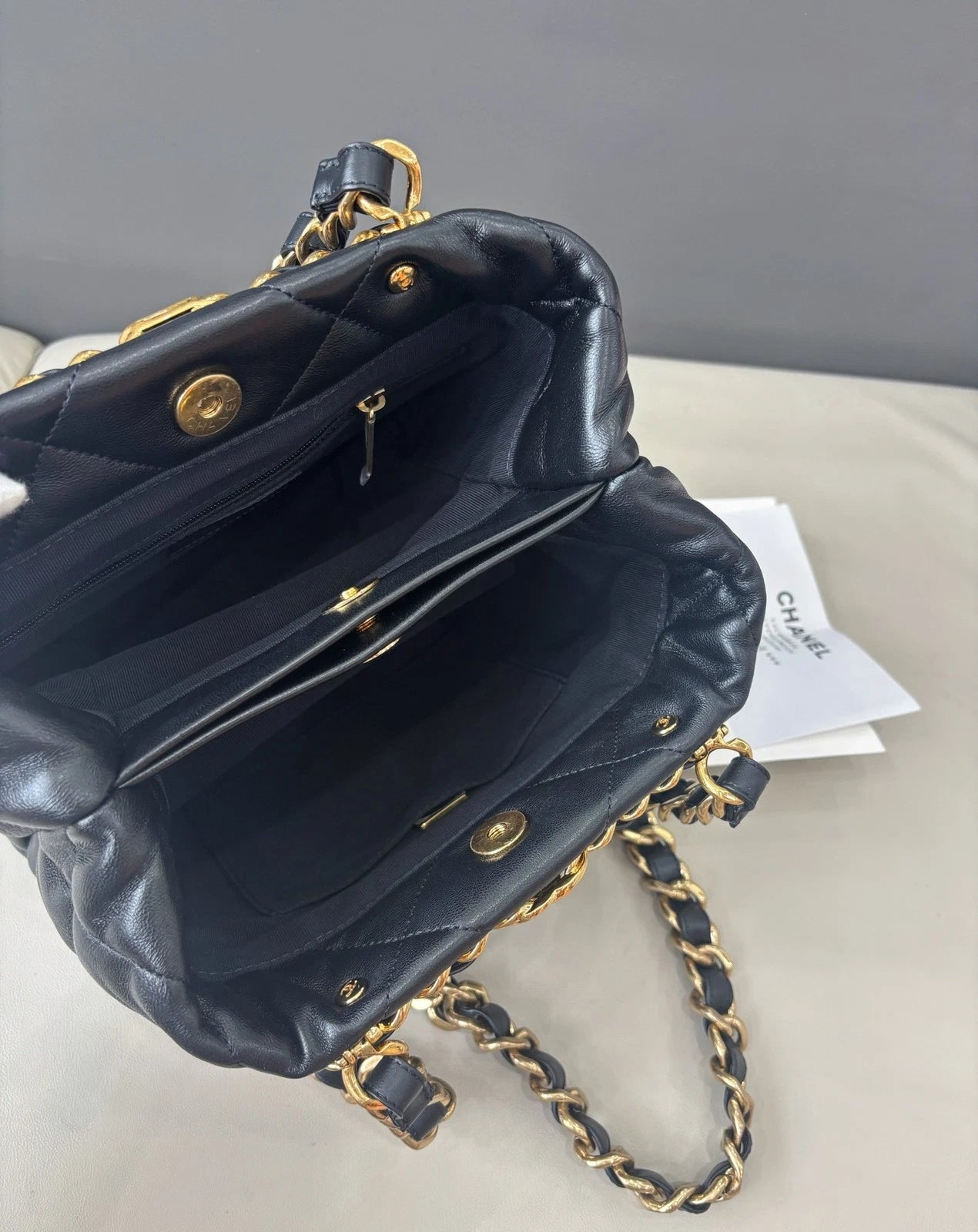 Excellent Chanel Tote Diamond Black Chain Shoulder Bag Gold Hardware