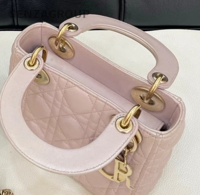 Christian Dior Lady Dior Chain Crossbody Top Handle Bag Pink Gold Women Classic