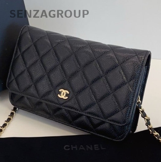 Chanel WOC Chain Shoulder Bag Crossbody Black Gold Women Diamond Classic