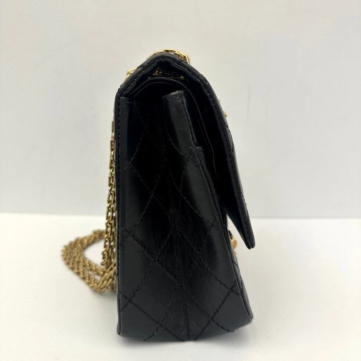 CHANEL 2.55 Medium Animal Badge Leather Shoulder Bag Black Gold Women