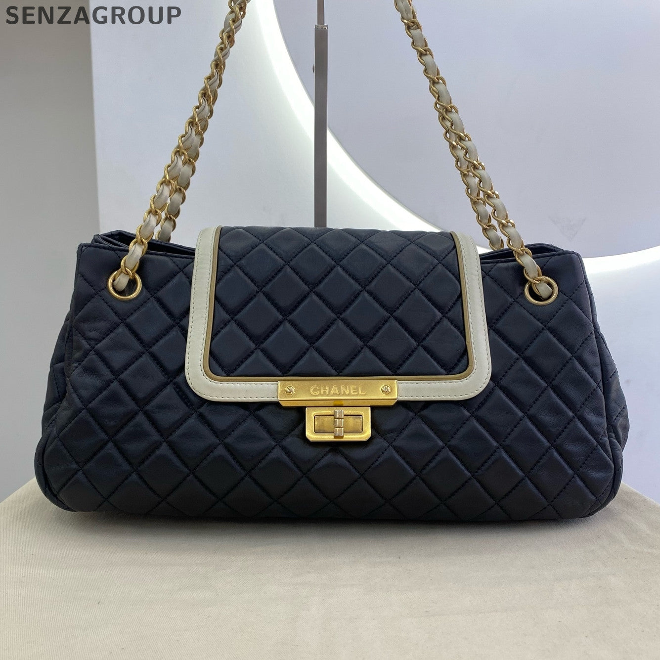 Chanel 2.55 Black White Colorblock Gold Hardware Pumpkin Bag Chain Shoulder Bag