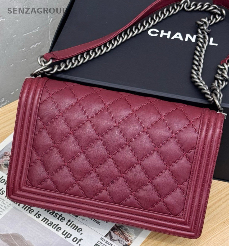 Chanel Leboy MM Chain Shoulder Bag Red Silver Used Women Classic Designer