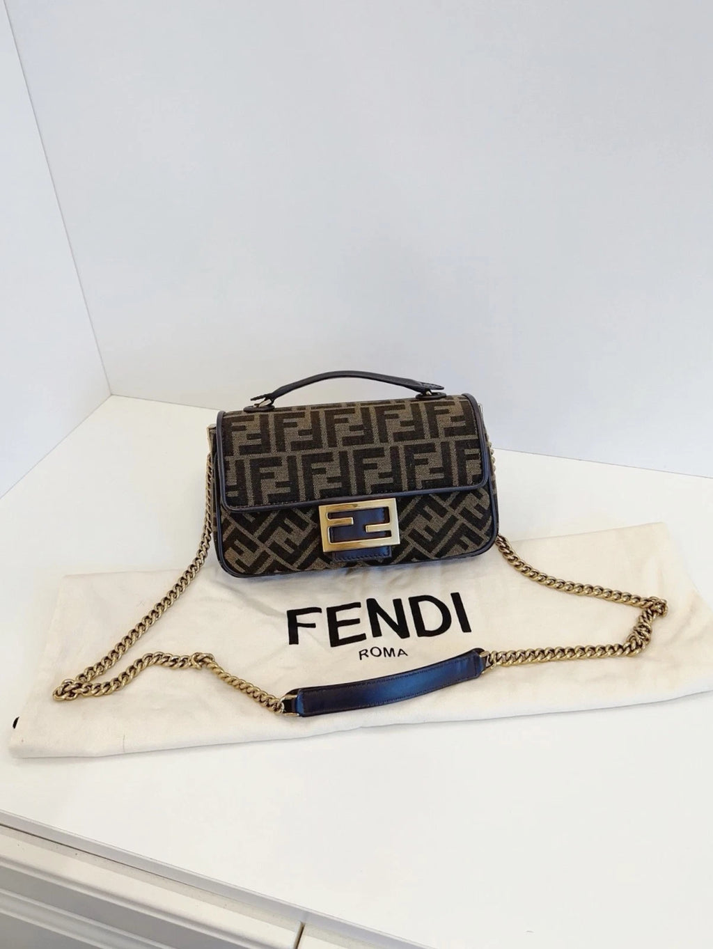 Fendi Baguette Medium FF Logo Chain Shoulder Crossbody Bag Brown