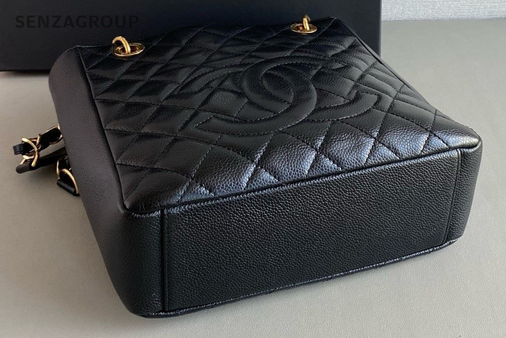 CHANEL PST Calfskin CC Chain Shoulder Handbag Women Black Gold