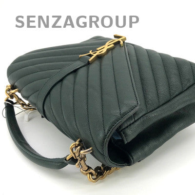 YSL Saint Laurent College Green Gold Hardware V-Stitch Tote Shoulder Bag