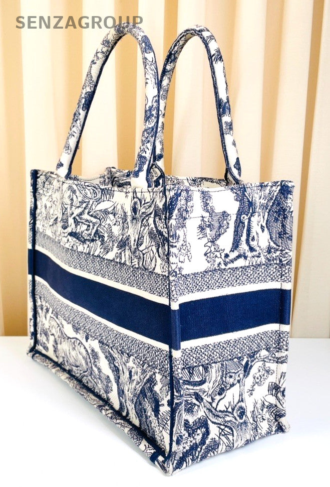 Christian Dior Book Tote Blue Zoo Tote Top Handle Shoulder Bag Women Blue