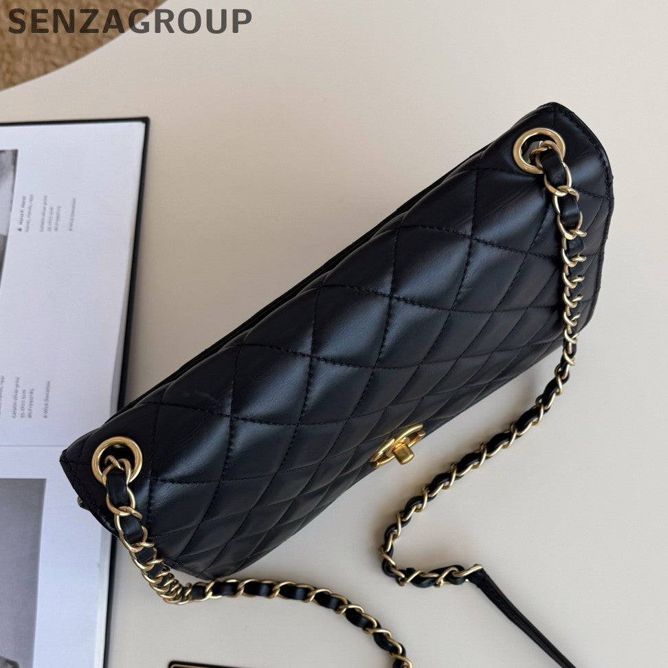 Chanel WOC Chain Shoulder Crossbody Black Gold Diamond Women Classic