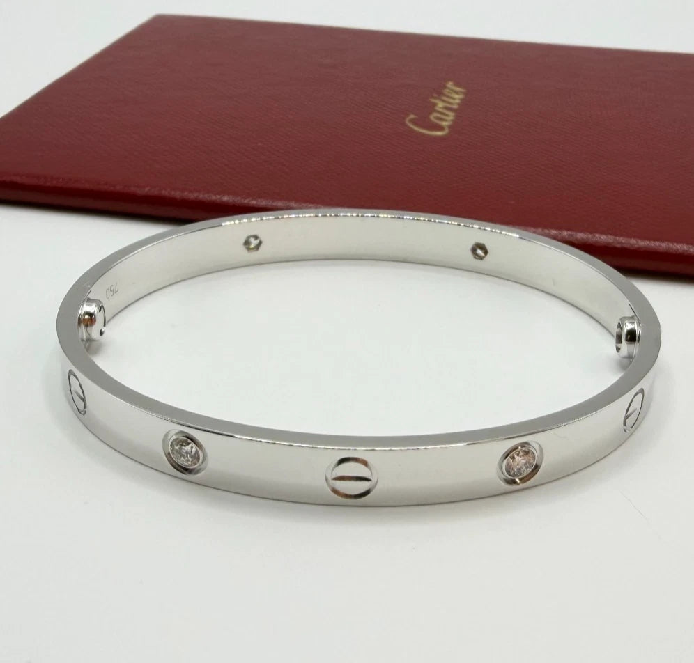 Cartier Love Classic Bracelet 4 Diamonds 18K White Gold Bangle Size17
