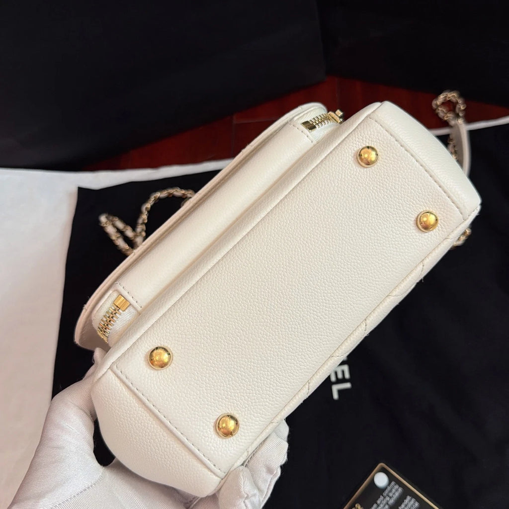 Excellent Chanel Affinity PM White Top Handle Bag Gold Chain Crossbody Diamond
