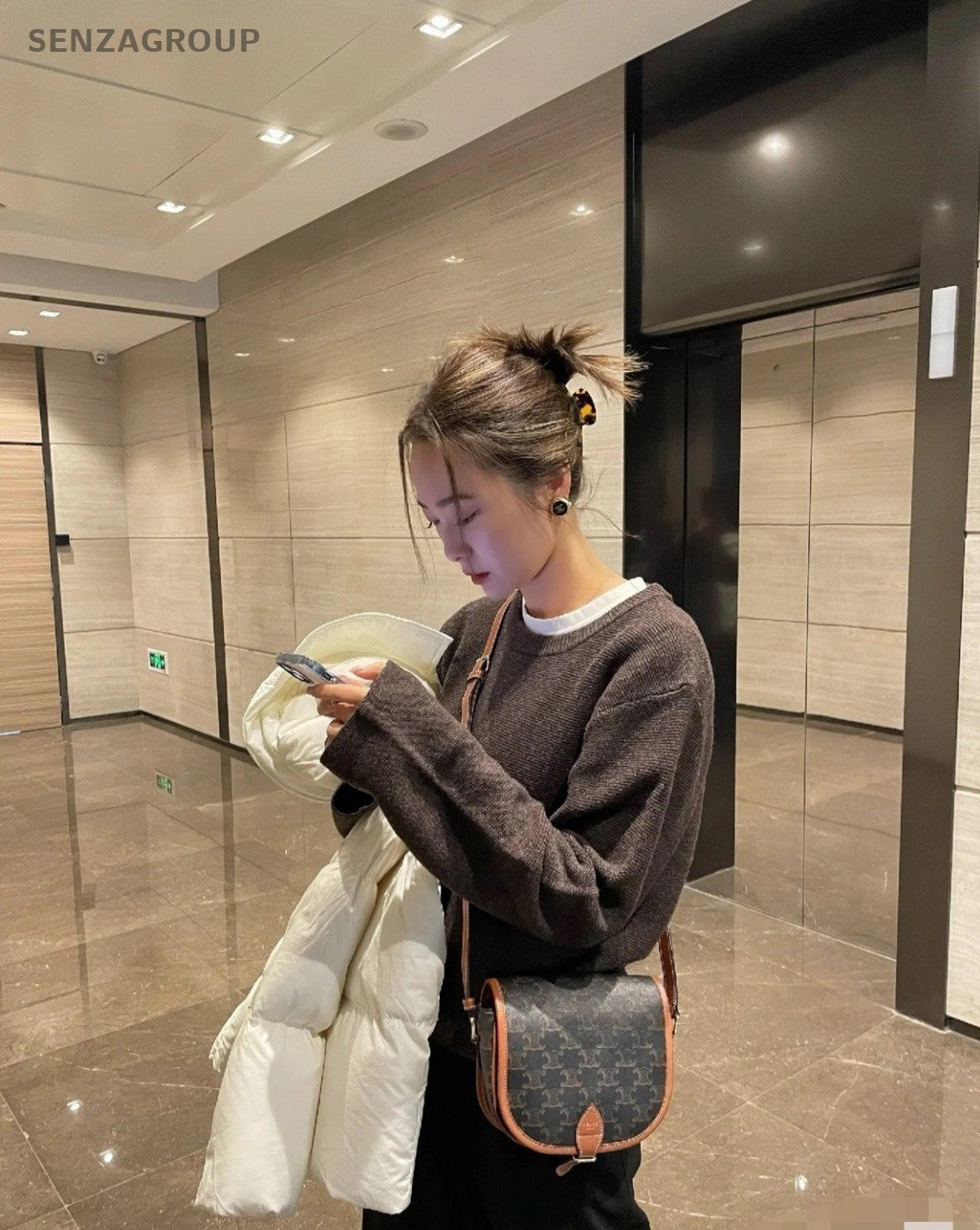 Celine Triomphe Canvas Calfskin Saddle Shoulder Bag Brown Almost Brand New