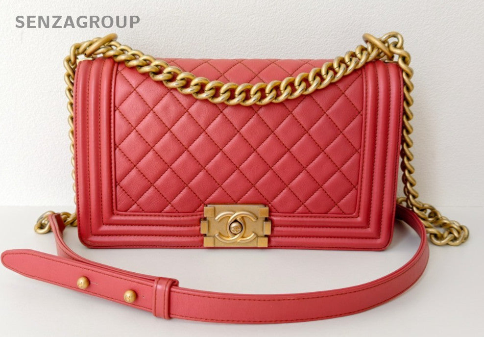 Chanel Leboy MM Chain Shoulder Bag Red Gold Diamond Women Classic Designer