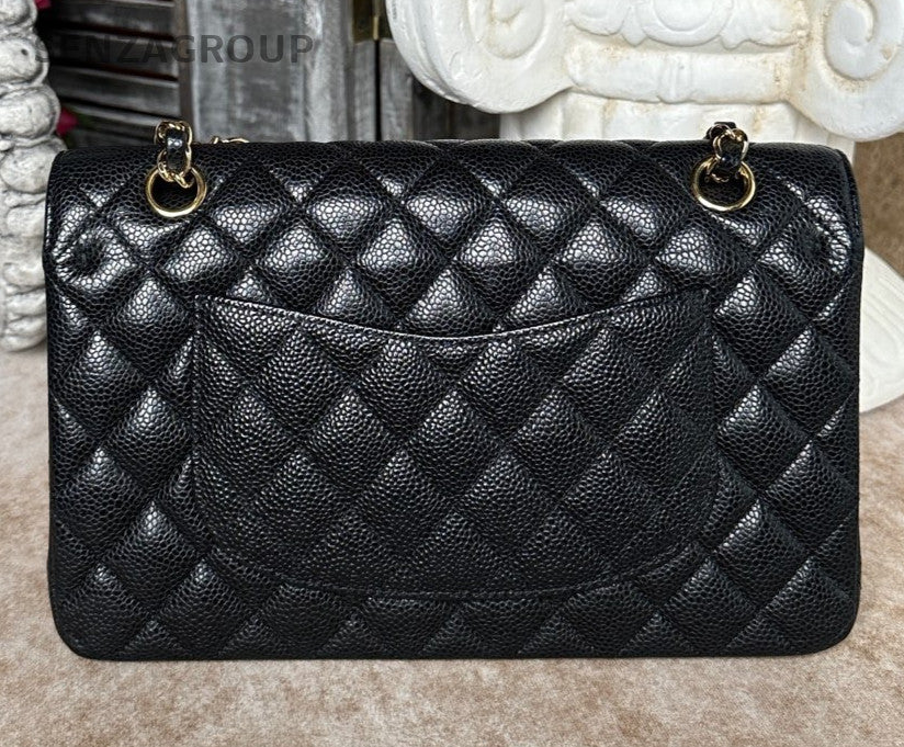 Chanel Classic Flap MM Calfskin Shoulder Bag Crossbody Black Gold Women Fashion