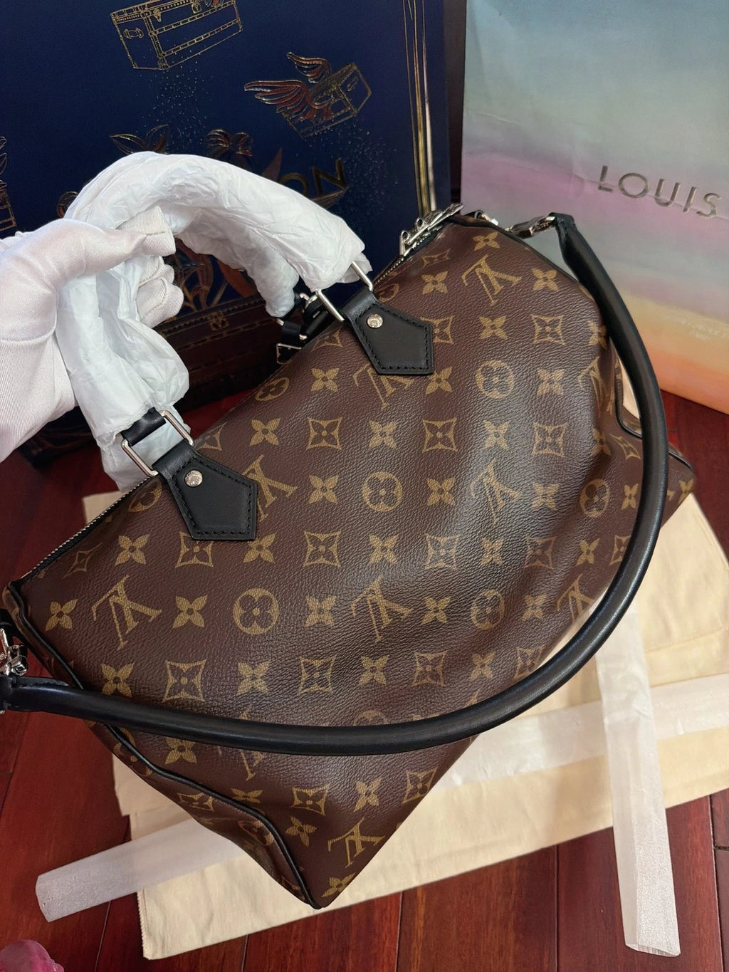 Louis Vuitton Speedy30 Monogram Top Handle Shoulder Bag Black Silver Women