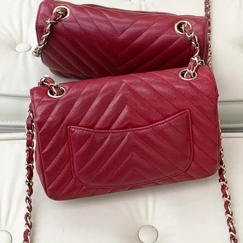 Chanel Classic Flap Mini Chain Calfskin Shoulder Bag Crossbody Red Gold Women S