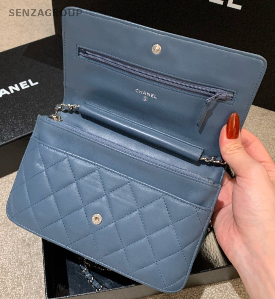 Chanel WOC Chain Lambskin Crossbody Blue Silver Used Women Classic