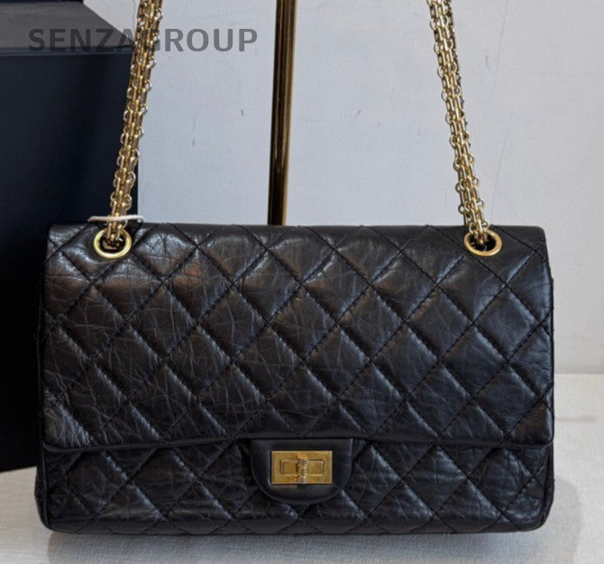 Chanel Diamond MM Chain Shoulder Bag Black Gold Used Women Classic