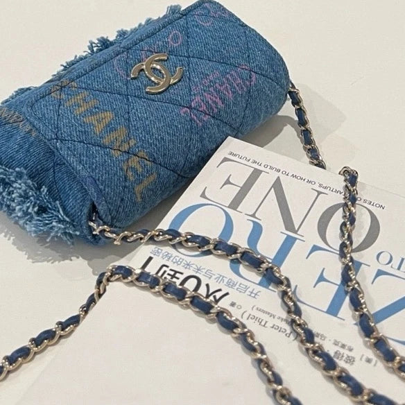 CHANEL Denim Fringe Trim Flap Shoulder Crossbody Bag