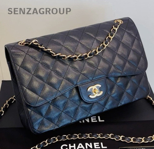 Chanel Classic Flap Jumbo Chain Shoulder Bag Black Gold Diamond Women Fashion